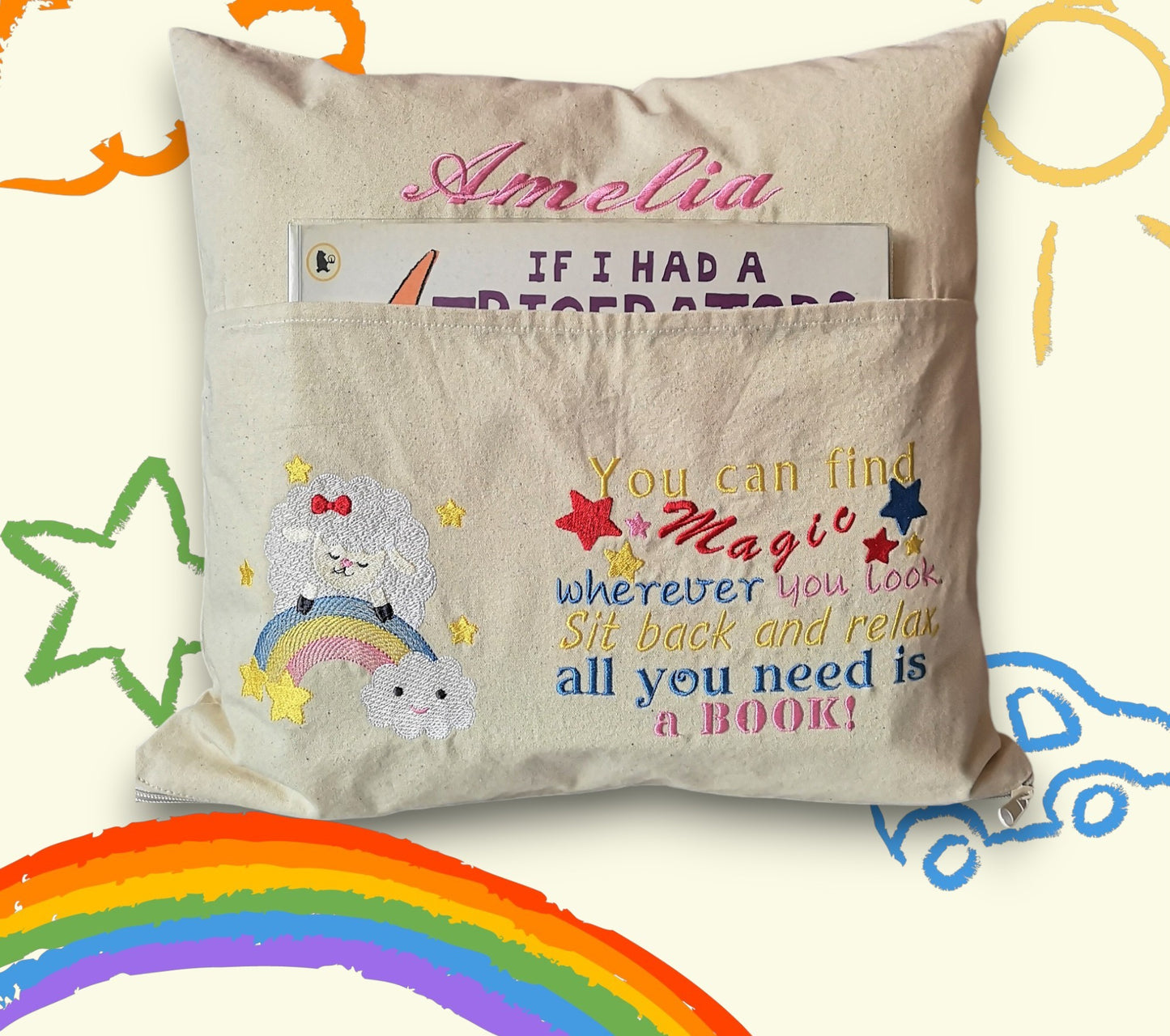 Personalised Reading Book Cushion, Personalised Pocket Cushion for Book, Children Book Cushion, Storytime Cushion, Kids Bedroom Decor