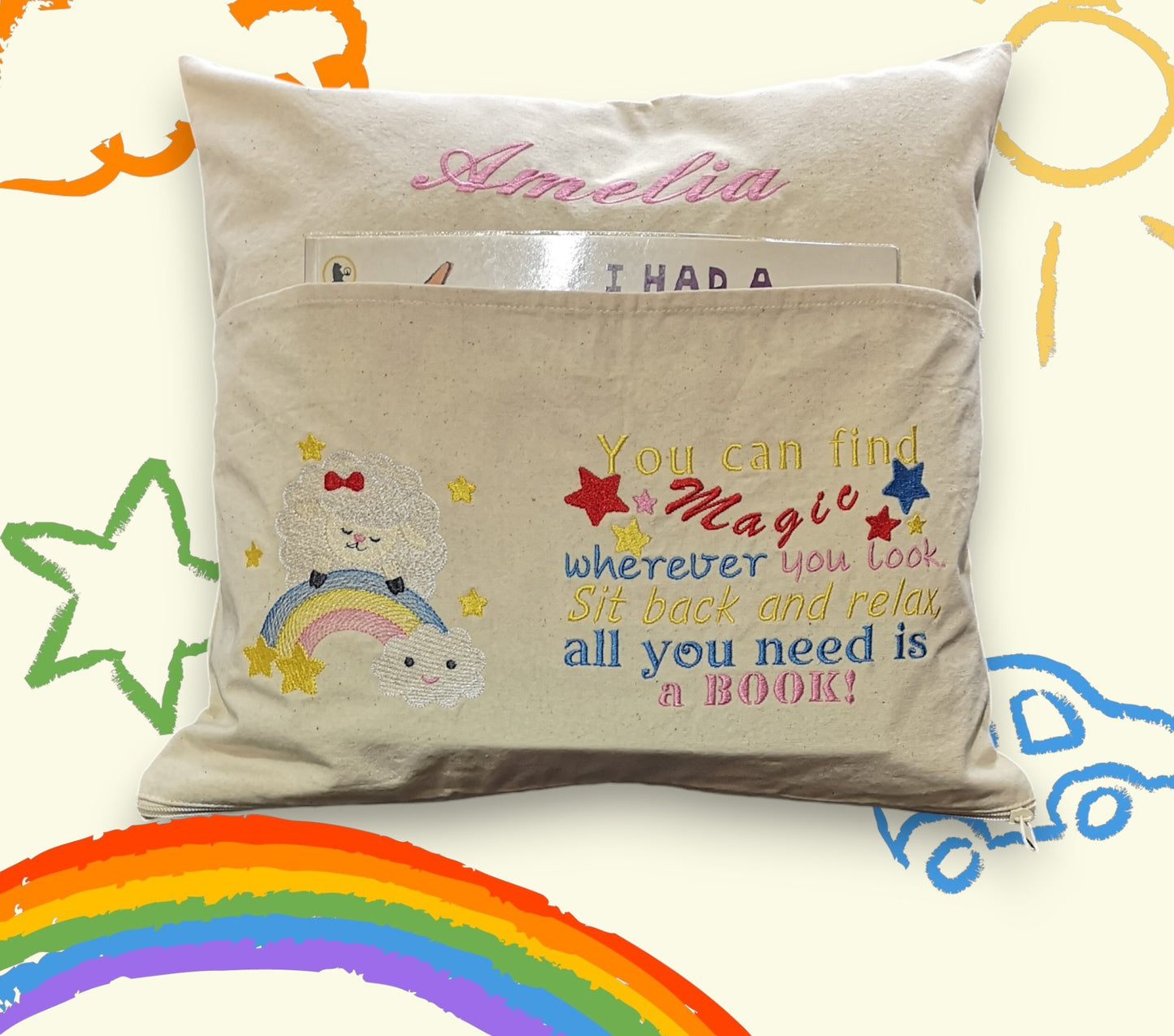 Personalised Reading Book Cushion, Personalised Pocket Cushion for Book, Children Book Cushion, Storytime Cushion, Kids Bedroom Decor