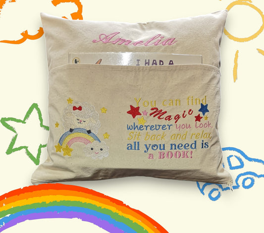 Personalised Reading Book Cushion, Personalised Pocket Cushion for Book, Children Book Cushion, Storytime Cushion, Kids Bedroom Decor