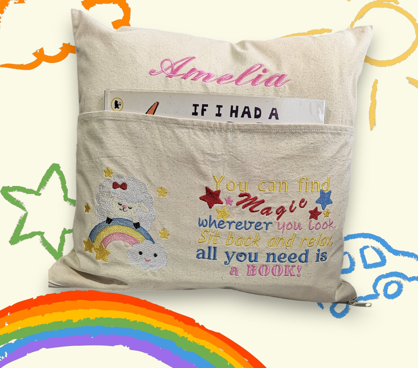 Personalised Reading Book Cushion, Personalised Pocket Cushion for Book, Children Book Cushion, Storytime Cushion, Kids Bedroom Decor