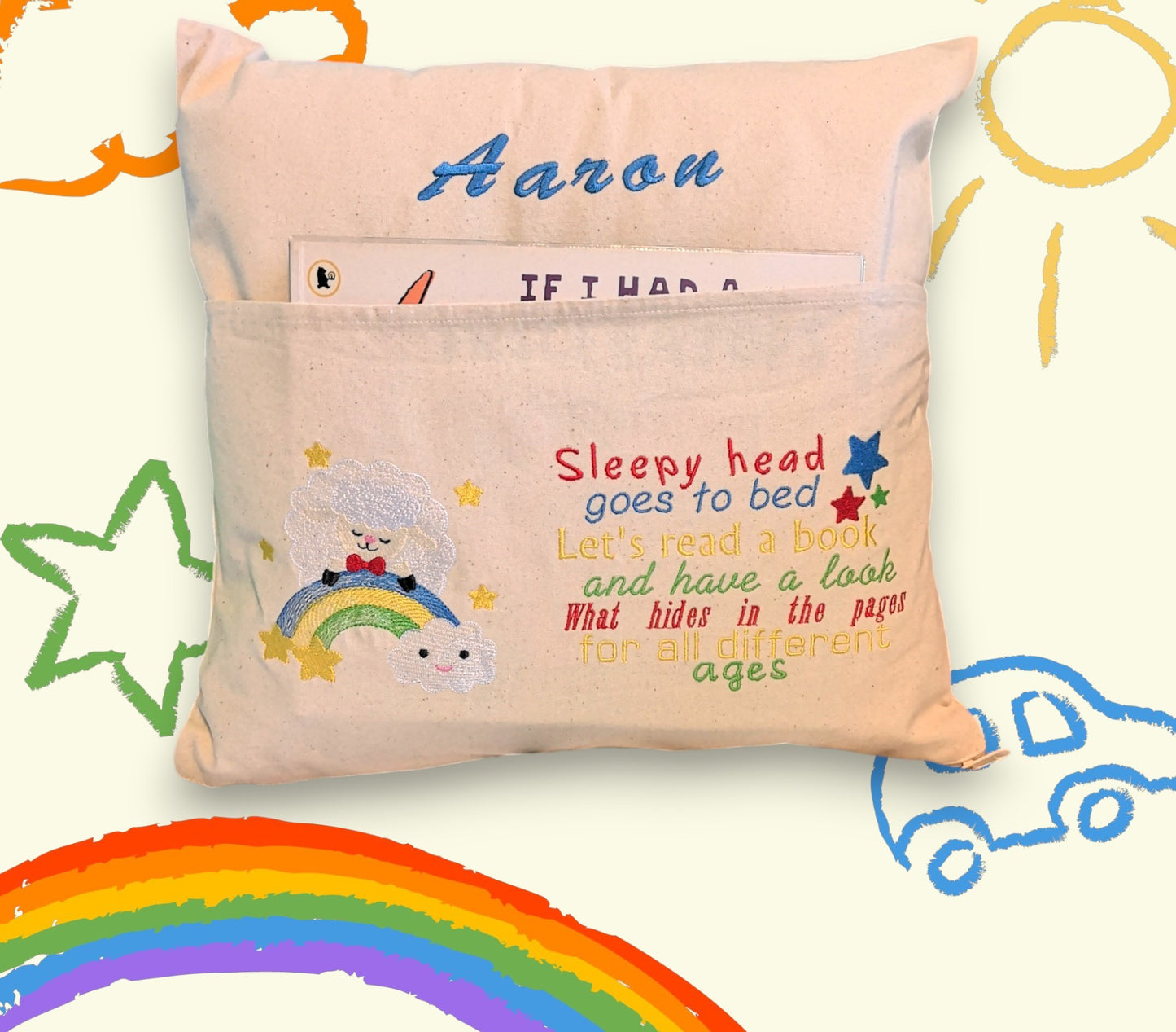 Personalised Reading Book Cushion, Children Book Cushion, Personalised Child Storybook Cushion, Kids Bedroom Decor, Book Cushion with Pocket
