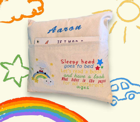 Personalised Reading Book Cushion, Children Book Cushion, Personalised Child Storybook Cushion, Kids Bedroom Decor, Book Cushion with Pocket