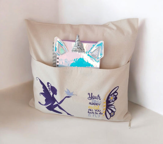 Personalised Fairy Reading Book Cushion With Pocket, Reading Pillow, Children Book Cushion, World Book Day, Bedtime Story Book Cushion