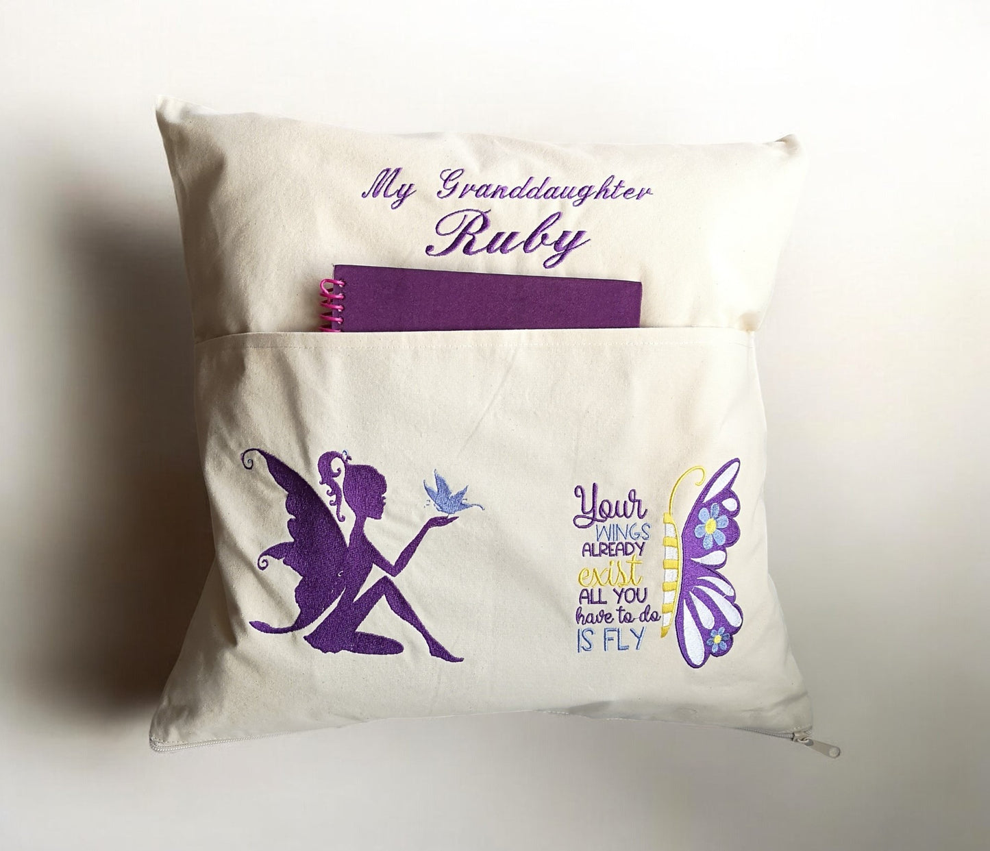 Personalised Fairy Reading Book Cushion With Pocket, Reading Pillow, Children Book Cushion, World Book Day, Bedtime Story Book Cushion