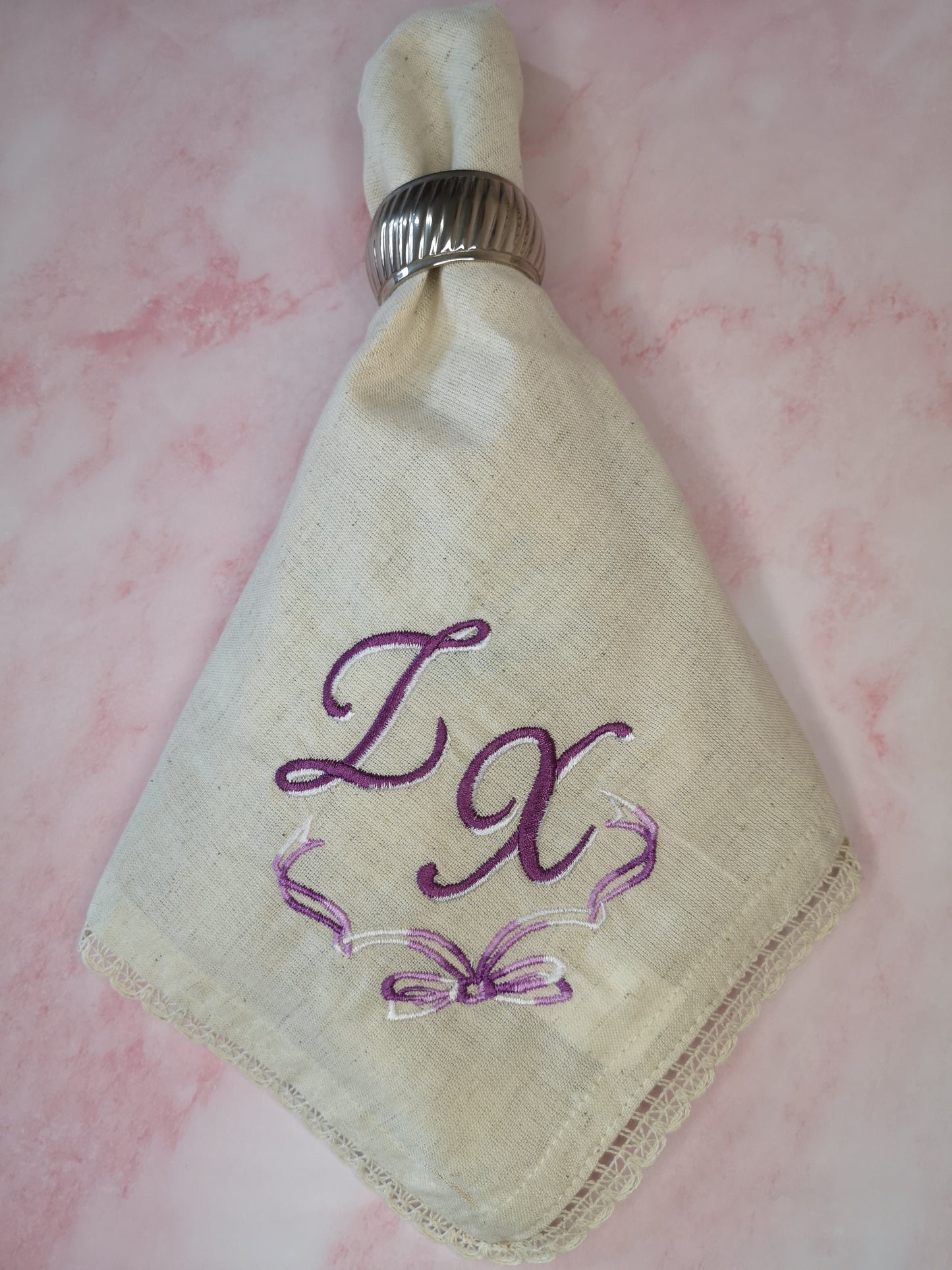 Set of 12 personalised cotton napkins embroidered with two monograms for Anniversary gift