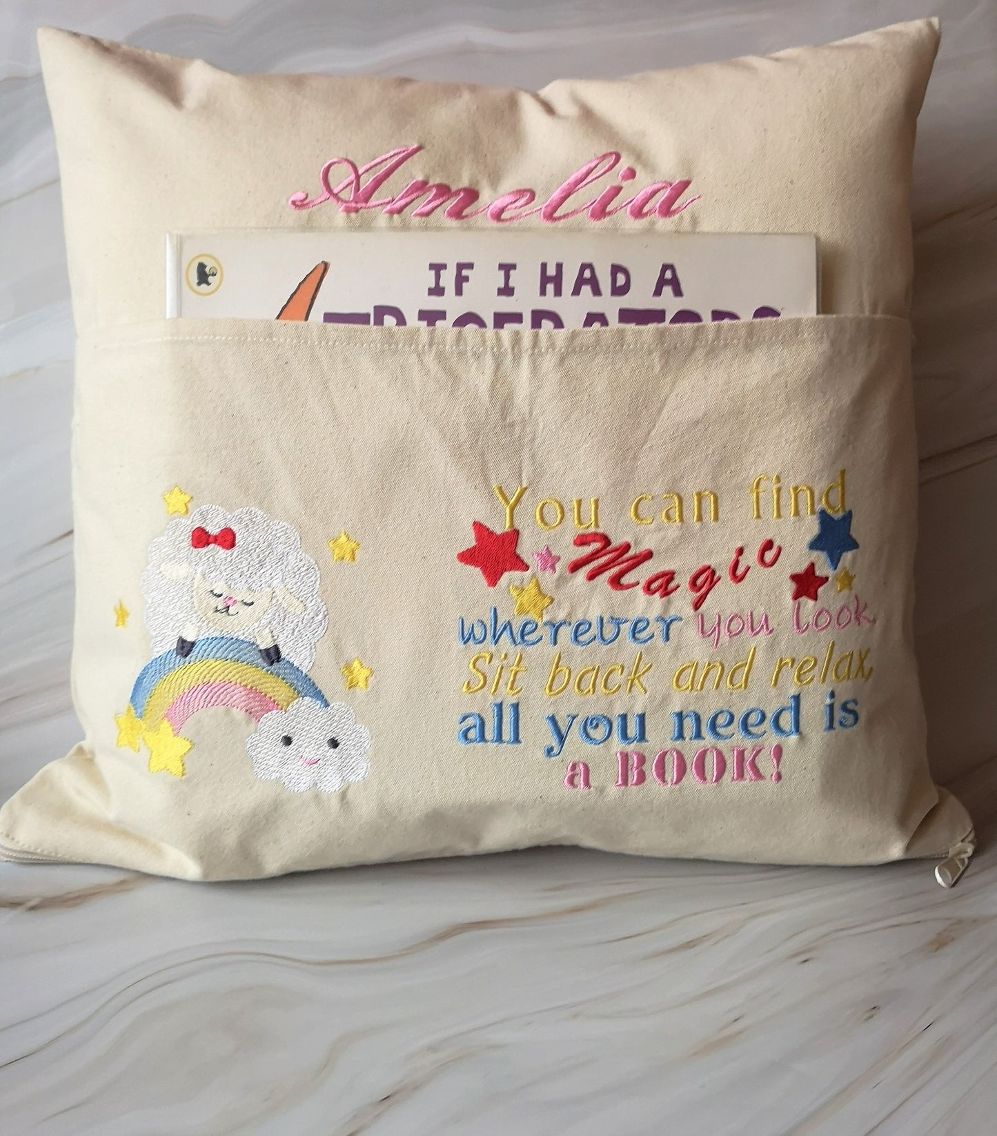 Rainbow Personalized Reading Book Cushion With Pocket Reading Pillow Gift Girl Child Cushion UK World Book Day Gift Cushion Children Birthday Gift