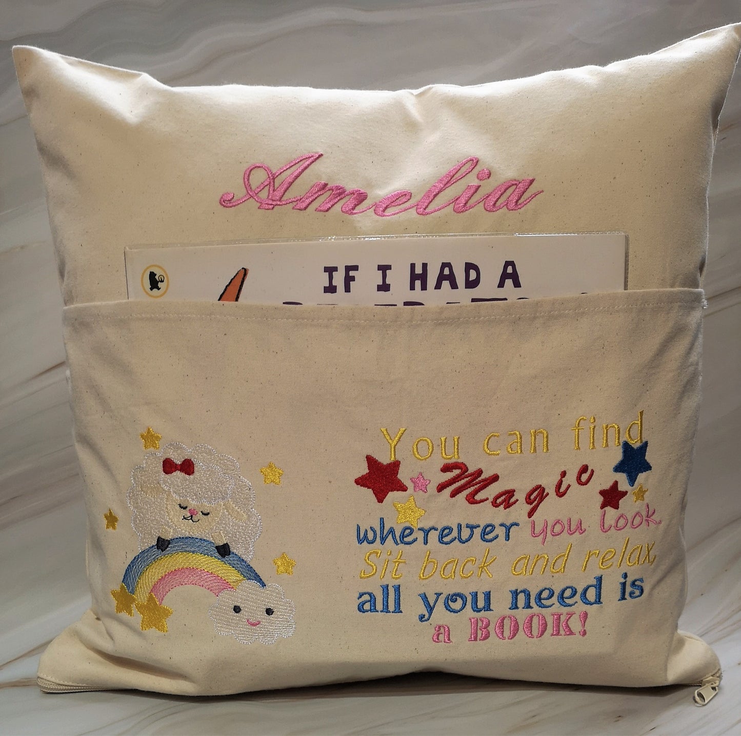 Rainbow Personalized Reading Book Cushion With Pocket Reading Pillow Gift Girl Child Cushion UK World Book Day Gift Cushion Children Birthday Gift