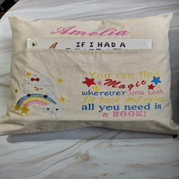 Rainbow Personalized Reading Book Cushion With Pocket Reading Pillow Gift Girl Child Cushion UK World Book Day Gift Cushion Children Birthday Gift